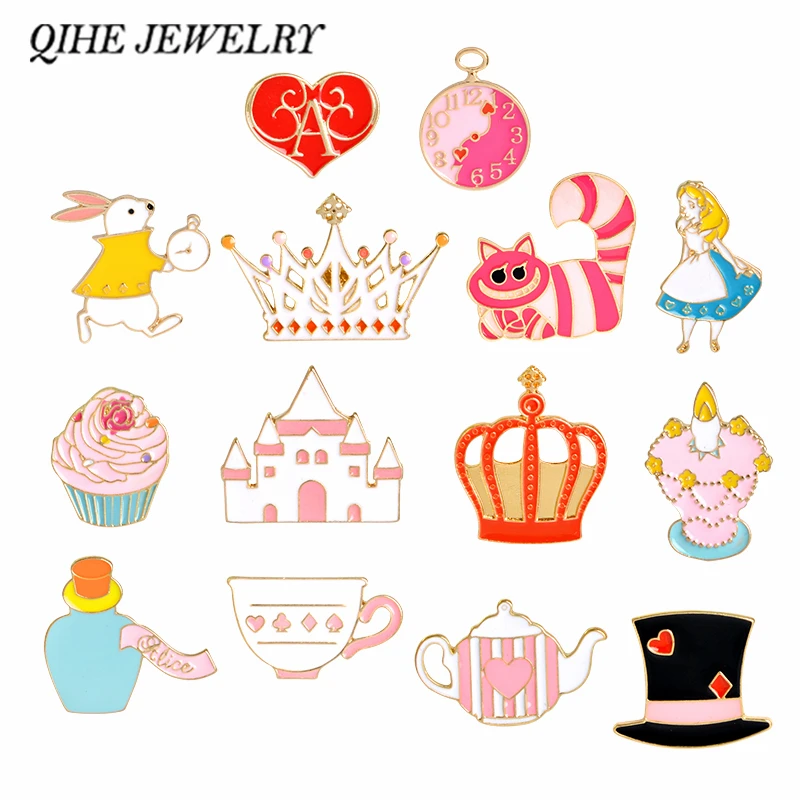 

QIHE JEWELRY Alice in Wonderland Pin Brooch Button Badges Cute Pin Tea Party,Alice,Queen of Heart,Cupcake Colorful Accessories