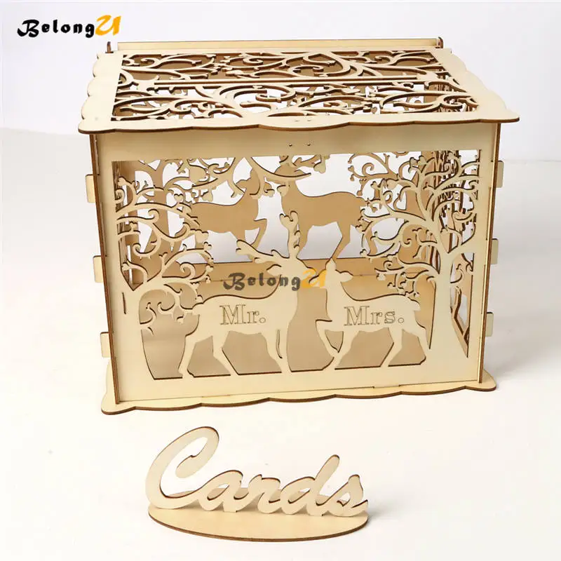 

DIY Wedding Keepsake Box Party Decor Wedding Gift Secure Card Holder Box Wooden Money Box With Lock Carving Wedding Decoration
