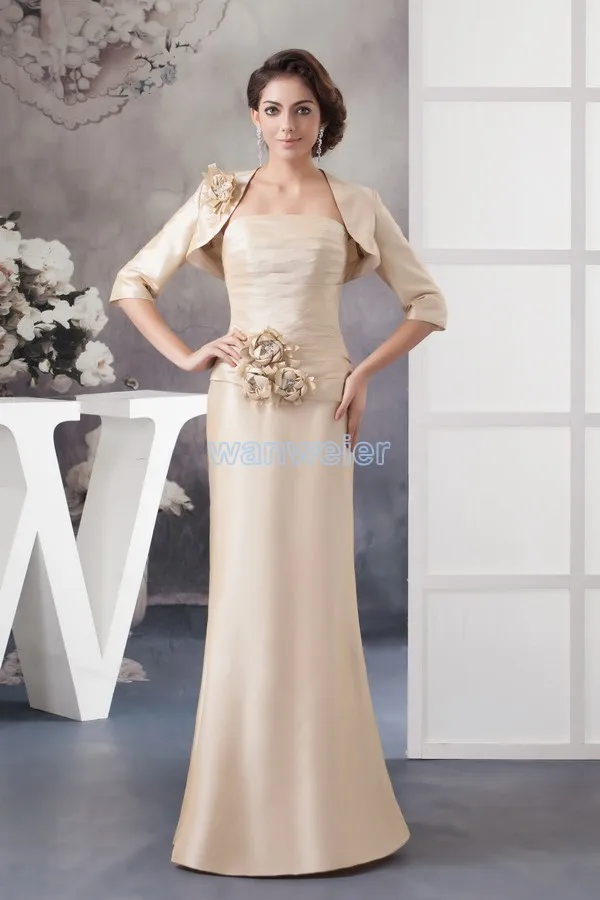 

free shipping 2014 new design handmade flowers custom color/size gown with jacket long sleeve women Mother of the Bride Dresses