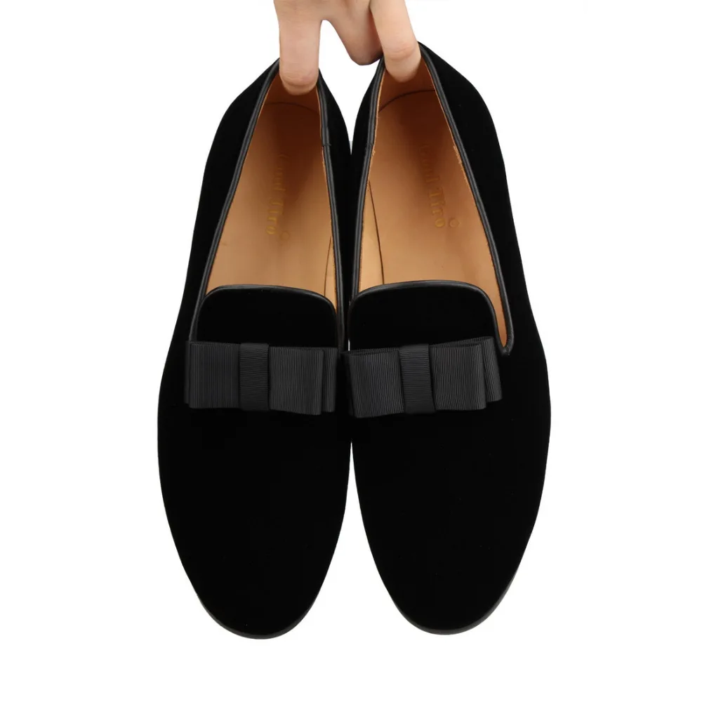 Black Velvet Loafers With Bow Slippers Men Moccasins (13)