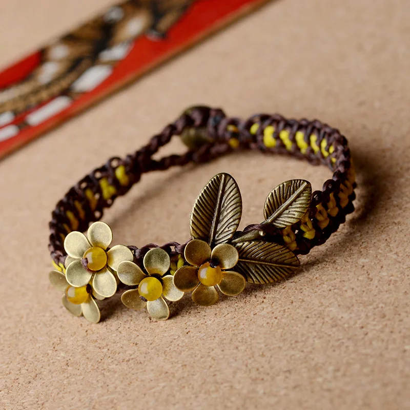 Ethnic bangle bracelet for women bronze flower yellow stone copper bell wrap chain vintage jewelry fashion 2017 new arrival