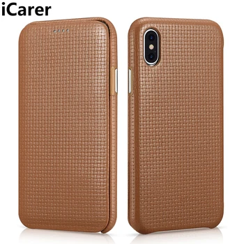 

iCarer For iPhone X Case Cover Luxury Woven Genuine Leather Magnetic Shockproof Armor Flip Phone Case for iPhone 10 Back Cover