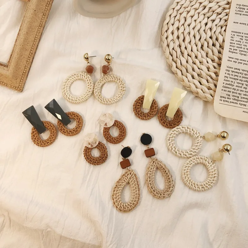 

Fashion Korea Bamboo Wooden Straw Weave Rattan Knit Vine Geometric Circle Square Long Drop Earrings for Women Girl Beach Jewelry
