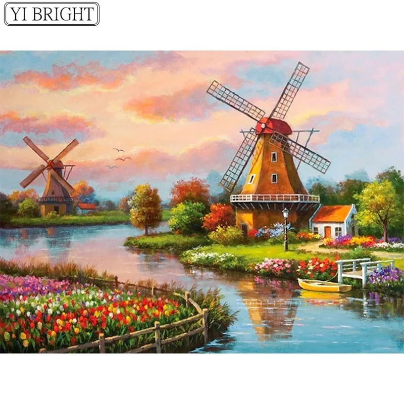 

Diamond Embroidery Windmill House Diamond Mosaic Landscape DIY Full Square/Round Drill Decoration Home Diamant Painting xy1