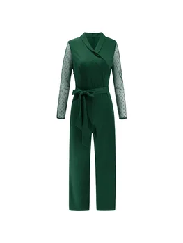 

New women's V-neck waist splicing wave point long sleeve jumpsuit 2777