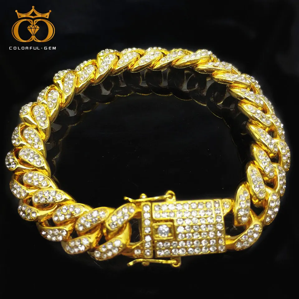 

colorful.gem12mm Bling Rhinestone Fashion Men Bracelets & Bangles High Quality Gold Color Iced Miami Cuban Chain Hip Hop Jewelry
