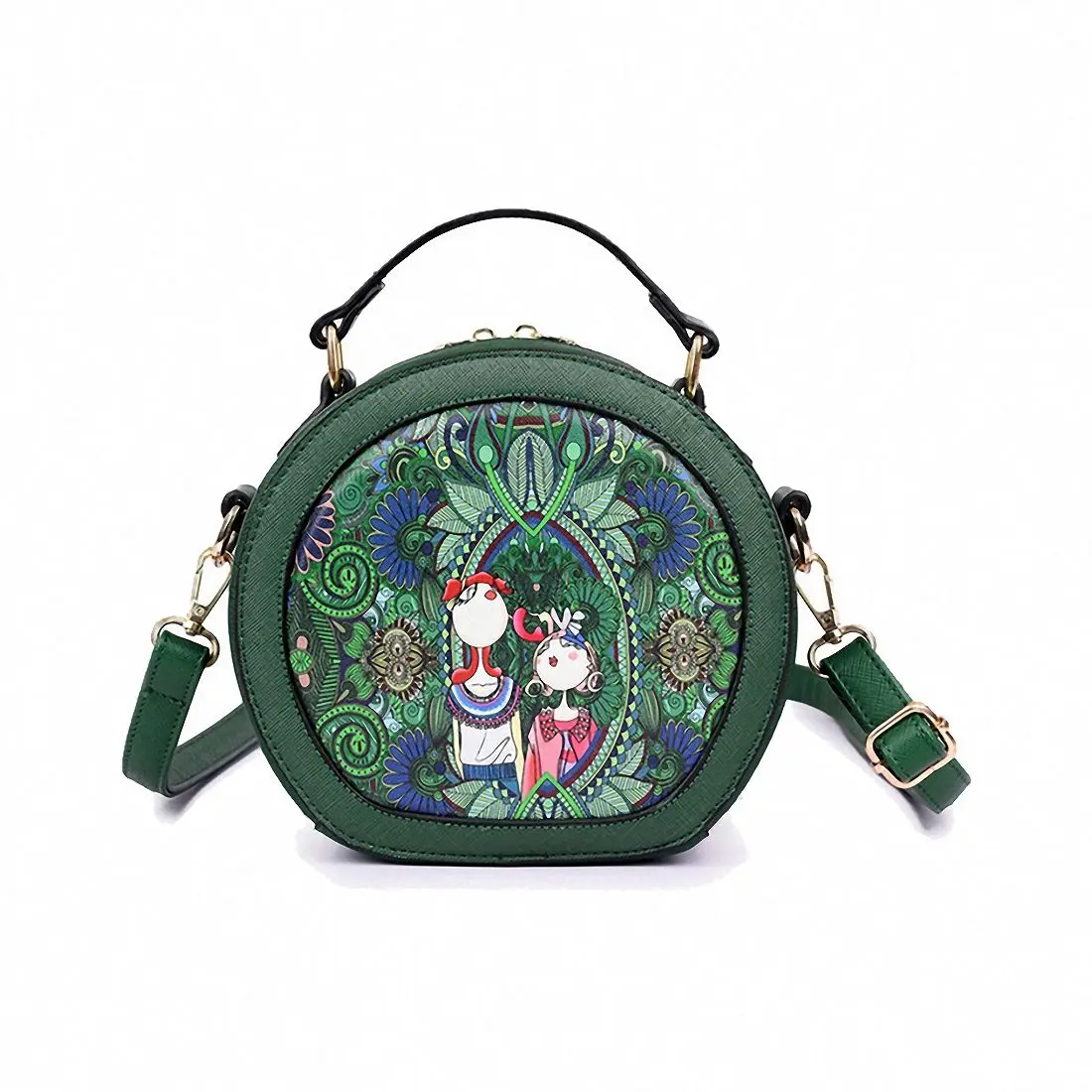 

FGGS Ms. bag patchwork forest girl printing green PU leather fashion trend round shoulder bag