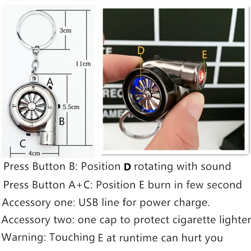 

USB Cigarette lighter Sound Turbo Keychain Spinning Auto Part Model Turbine Turbocharger Key Chain Ring Keyfob Keyring Gift