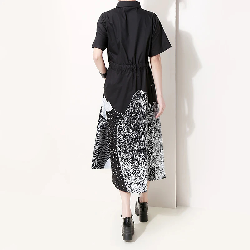  New 2019 Korean Style Summer Midi Black Dotted Shirt Dress Lapel A-Line Knee Length Lady Party Club