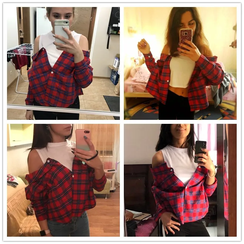  ROMWE Open Shoulder Check 2 In 1 Shirt Tunic Vogue Blouse Women Red Button Plaid Top Fall 2019 Long