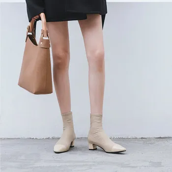 Boots children's boots spring, summer and autumn 2018 new leather socks boots stretch boots female was thin square head ankle bo