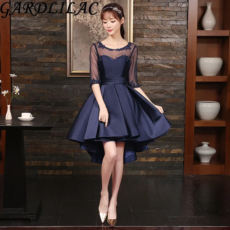 

Gardlilac Blue Half Sleeve Hi-Low Homecoming Dress Stain Applique Short Graduation Dress Real Picture vestidolongo