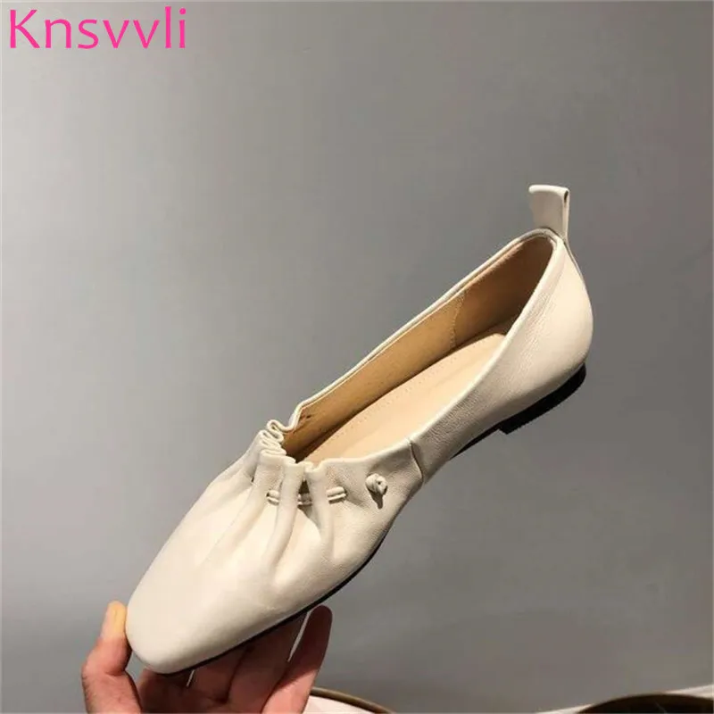 

Knsvvli 2019 New Genuine Leather Solid Flat Shoes Woman Square toe Lazy Shoes Black Beige Casual Wear Slip On Shoes For Women
