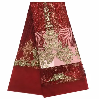 

Newest African Lace Fabric With Sequins High Quality Nigeria Mesh Tulle Lace Fabric For Party Dress Red(6-19