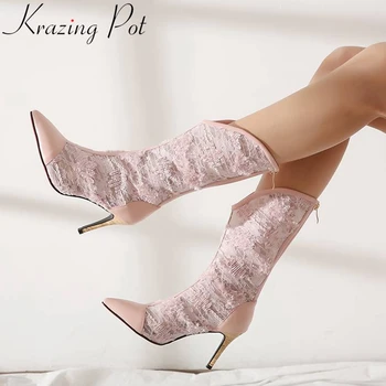 

Large size new design stiletto high heels cow leather European superstar fashion show summer zipper Spring mid-calf boots L1f8