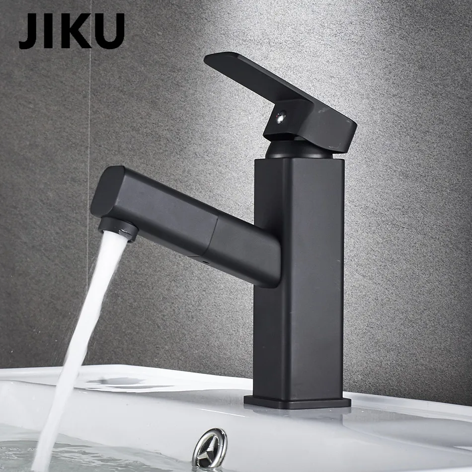 JIKU Black Retro PullType Hot And Cold Water Basin Faucet Single Handle Single Hole Kitchen Faucet Mixer Taps Basin Sink Faucet