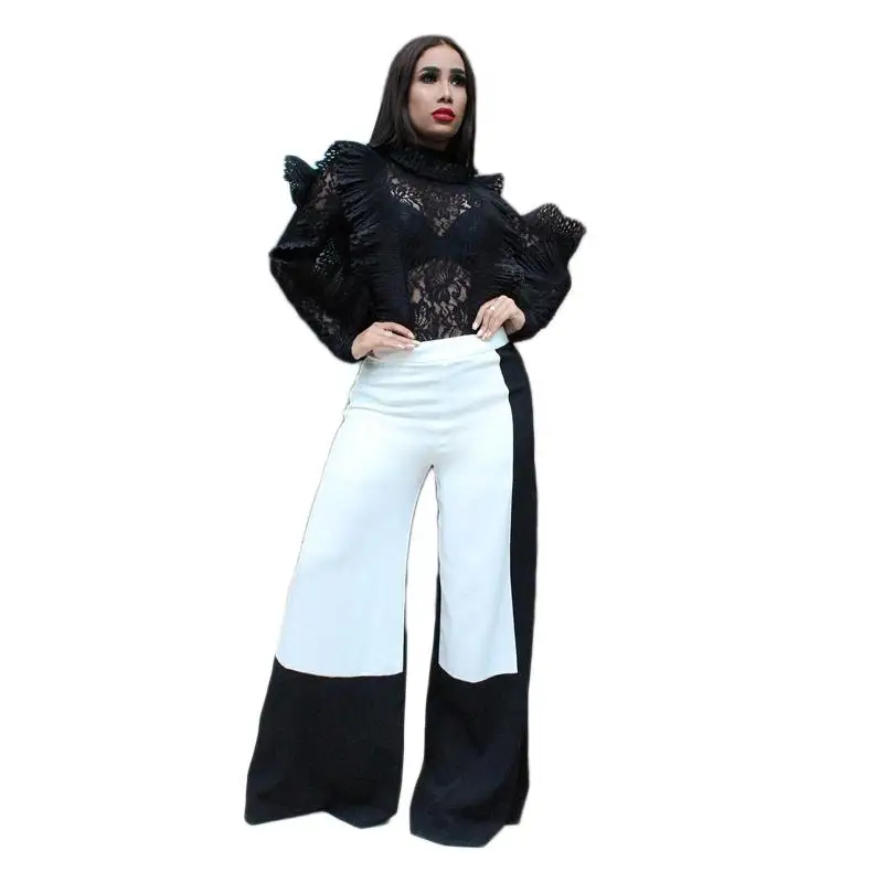 2018 Women Full Length Loose Black And White Panelled High Waist Wide Leg Pants Casual Patchwork Wide leg Trousers