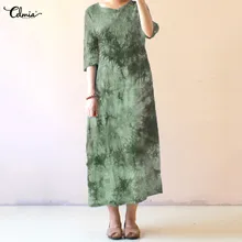 4XL Celmia Mulheres Vestido de Verão 2018 O Pescoço Meia Manga Tie-Dye Impressão Cinto Divisão Ocasional Solto Maxi Do Vintage vestidos Plus Size