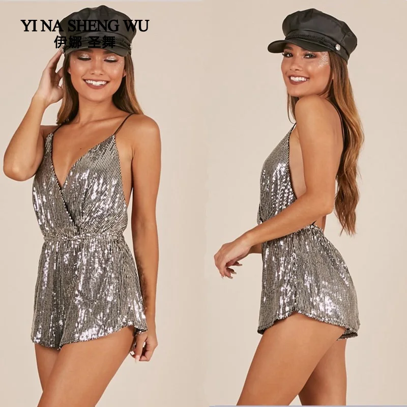 Adult sexy Naked back shorts Party Dress  Women silver sequined  sling sequin stitching jump suit Party Club Ballroom Dresses