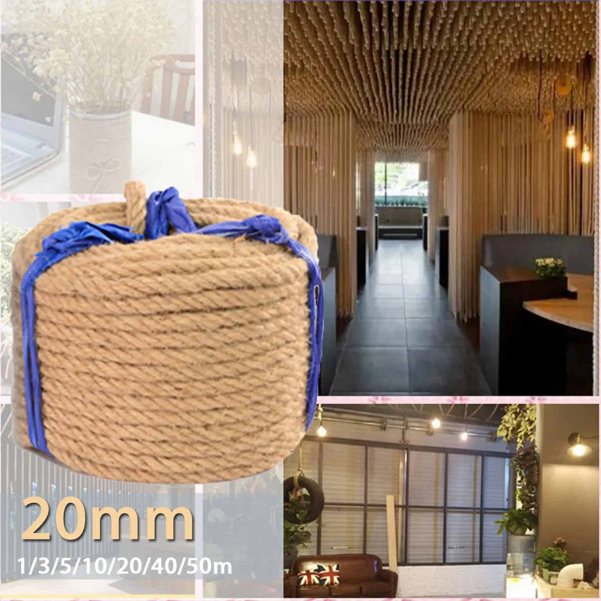 

KIWARM 20mm 1-50M Jute Rope Twine Rope Natural Hemp Cord DIY Decor Cat Pet Scratching Decking