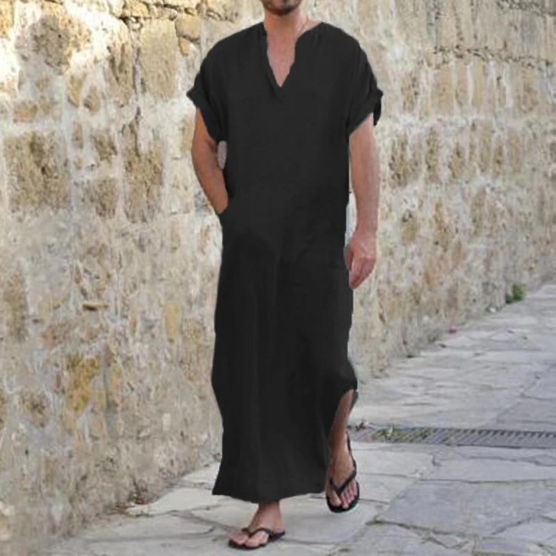

INCERUN Arab Style S-5XL Robe Dress Men Short Sleeve 100%Cotton V-Neck Full Length Shirts Lounge Male Gown Vacation Plus Size
