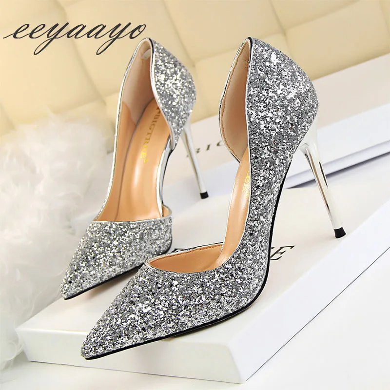 

2019 New Spring/Autumn Women Pumps High Thin Heel Pointed Toe Bling Bridal Wedding Women Shoes Silver Sexy Ladies High Heels