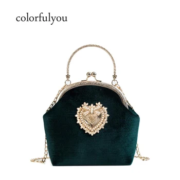 

2019 elegant velvet Handbag for women Vintage Velour Pearl Heart Design Evening Bag Wedding Party Bride Clutch Velour Bag Purse