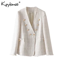 Винтажный стильный двубортный потертый твидовый пиджак, пальто для женщин, модная женская верхняя одежда с длинным рукавом, повседневная женская одежда