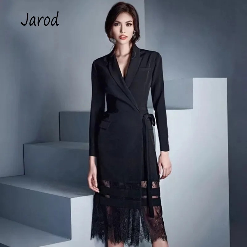 

Fashion Designer Runway Dress 2019 Spring Elegant Women's Full Sleeve Notched Collar Lace Patchwork Blazer Dress Black Party Dre