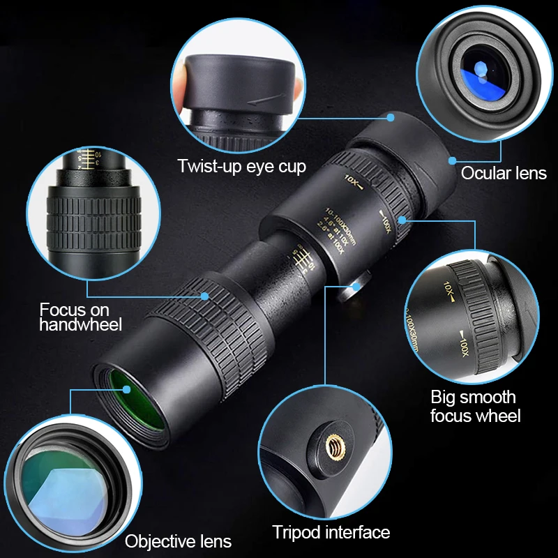 قوية 10-100x30 HD أحادي تلسكوب التكبير مناظير البصرية الإكتشاف نطاقات للرؤية الليلية الصيد المهنية مناظير