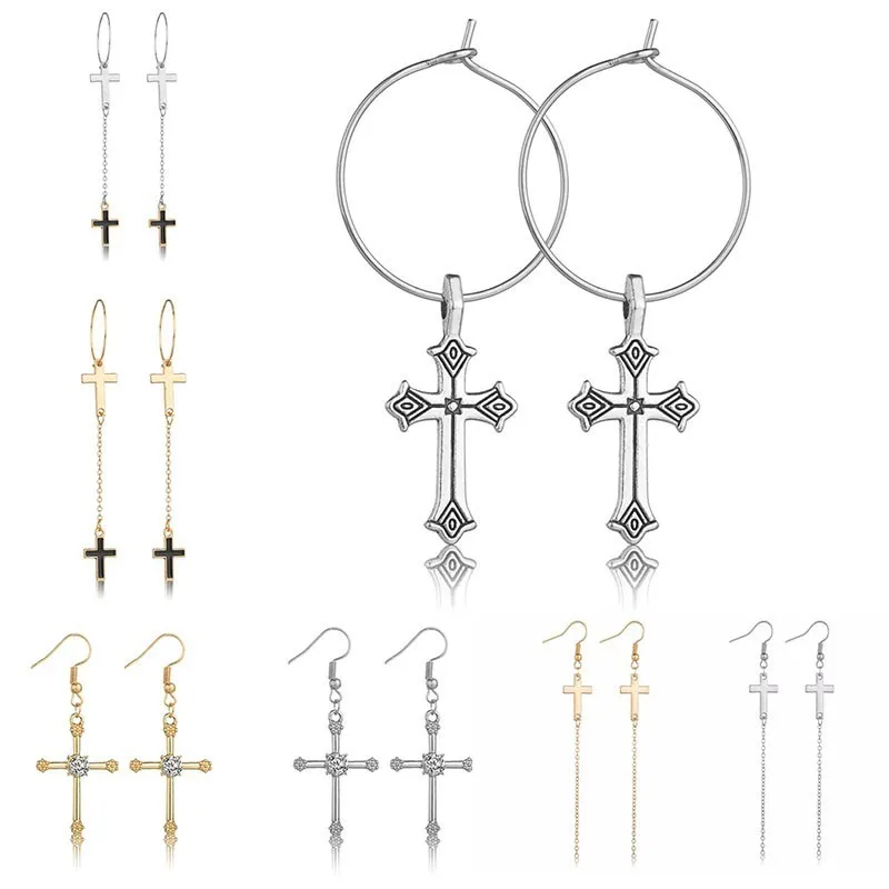 

Korean Silver Color Cross Tassel Drop Earrings Trendy Handmade Crystal Metal Dangle Earrings For Women Party Gift