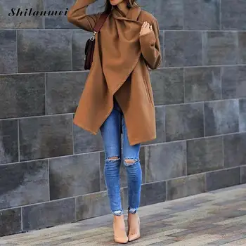 

2018 New Autumn Coat Fashion Wide Lapel Pockets Loose Coat OL Long Sleeve Causal Solid Color Ladies Causal Outerwear Jacket Coat