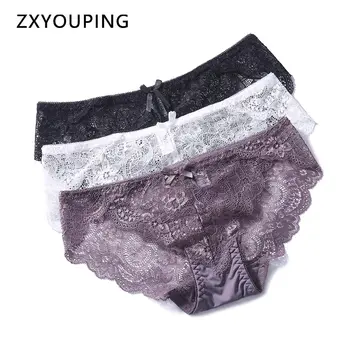 

3Pcs Full Lace Panties Sexy Women Briefs Seamless Lingerie Mid Rise Underwear M-XXL Plus Size Culotte Femme Transparent Bow New