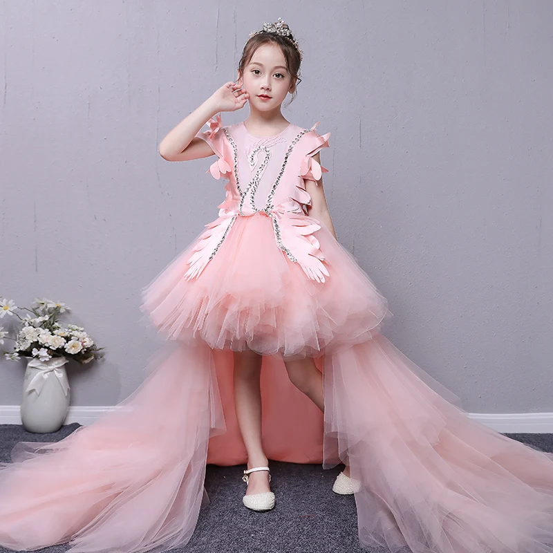 

Pink Swan Royal Princess Dress Removable Long Trailing Flower Girl Dresses for Wedding Crystal Ball Gown Holy Communion Dress