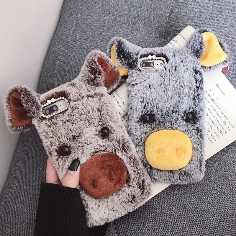 

Haissky Cute Pig Ear Fluffy Fur Phone Case for iPhone X Xs Max XR Plush Warm Cover for iPhone 4 4S 5 5C 5S SE 6 6S 7 8 Plus