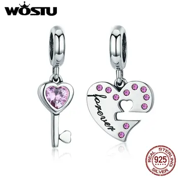 

WOSTU 100% 925 Sterling Silver The Key Of Heart Dangles Charm fit Bead Bracelet Pendant Necklace DIY Lover Jewelry Gift CQC638