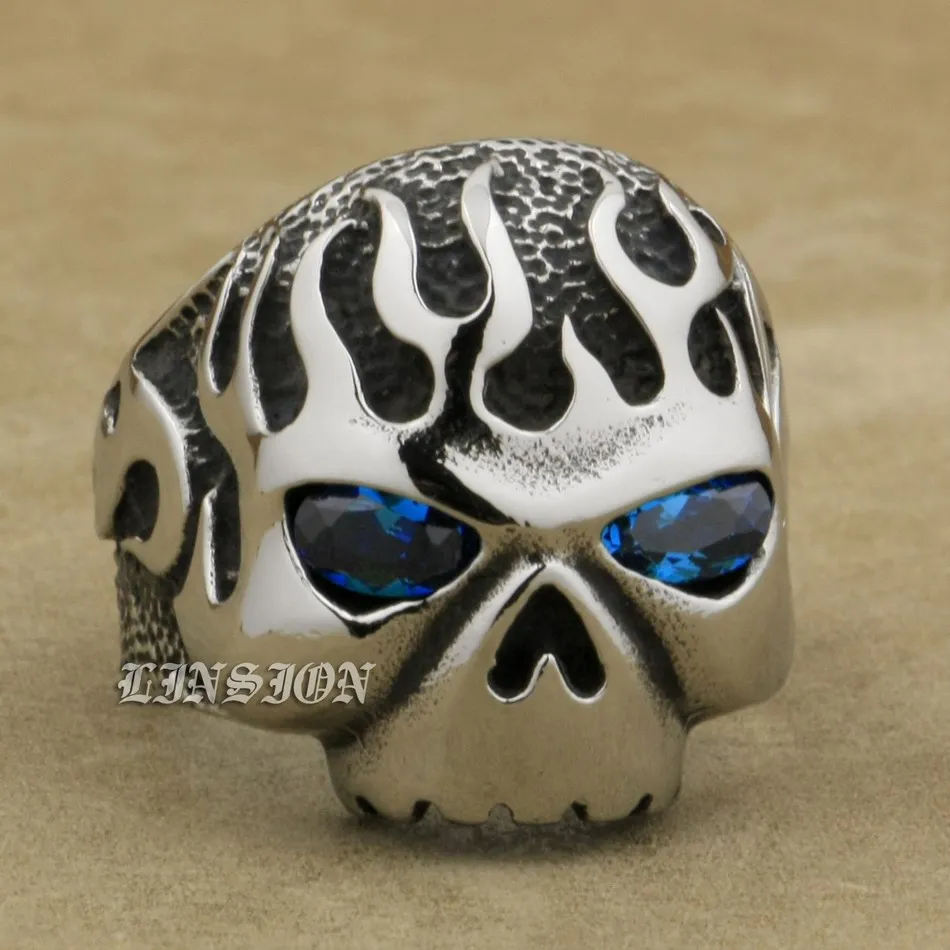 

US Size 7 to 15 Solid 316L Stainless Steel Fire Skull Blue CZ Eyes Mens Biker Rocker Punk Ring 3F102