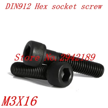 

100pcs/Lot Metric Thread DIN912 M3x16 mm M3*16 mm Black Grade 12.9 Alloy Steel Hex Socket Head Cap Screw Bolts