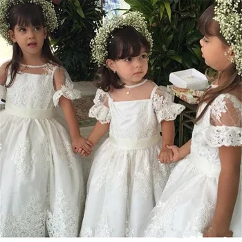 

New Design Flower Girl Dress For Wedding Sheer Neck Illusion Back Lace Appliques Short Sleeves Custom Made For 2-14 Girls