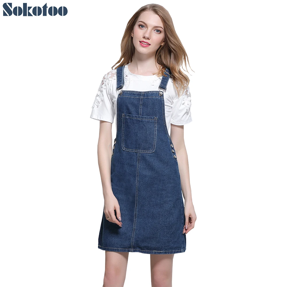 Sokotoo Women's summer blue denim overalls A line mini sleeveless
