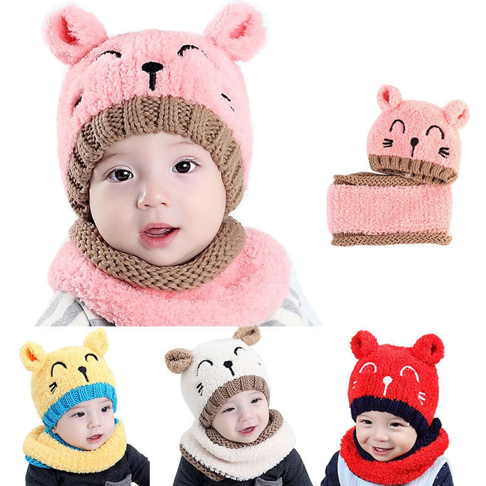 Children Kids Winter Hat Scarf Set Cute Cat Beanies Baby Girls Warm