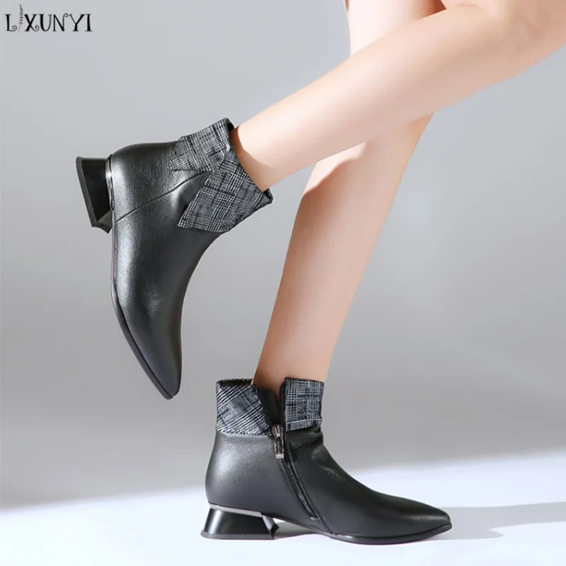 

LXUNYI Cow Leather Women Boots 2018 Autumn Winter Shoes Fashion Pointed Toe Side Zip Low Heel Women Martin Boots Ankle Boots