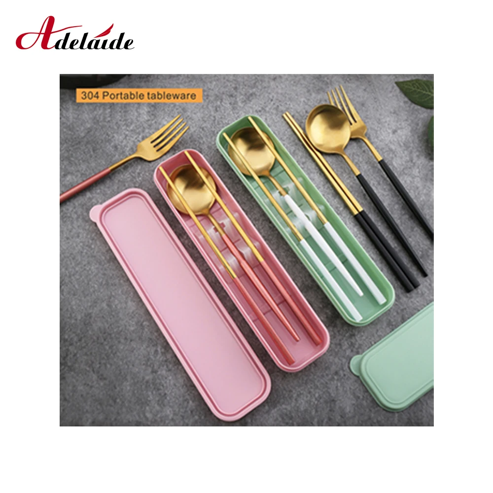 

Stainless Steel Chopsticks Spoon Fork Set Portable Dinnerware Set Korean flat spoon flat chopsticks With Box Travel Cutlery Set
