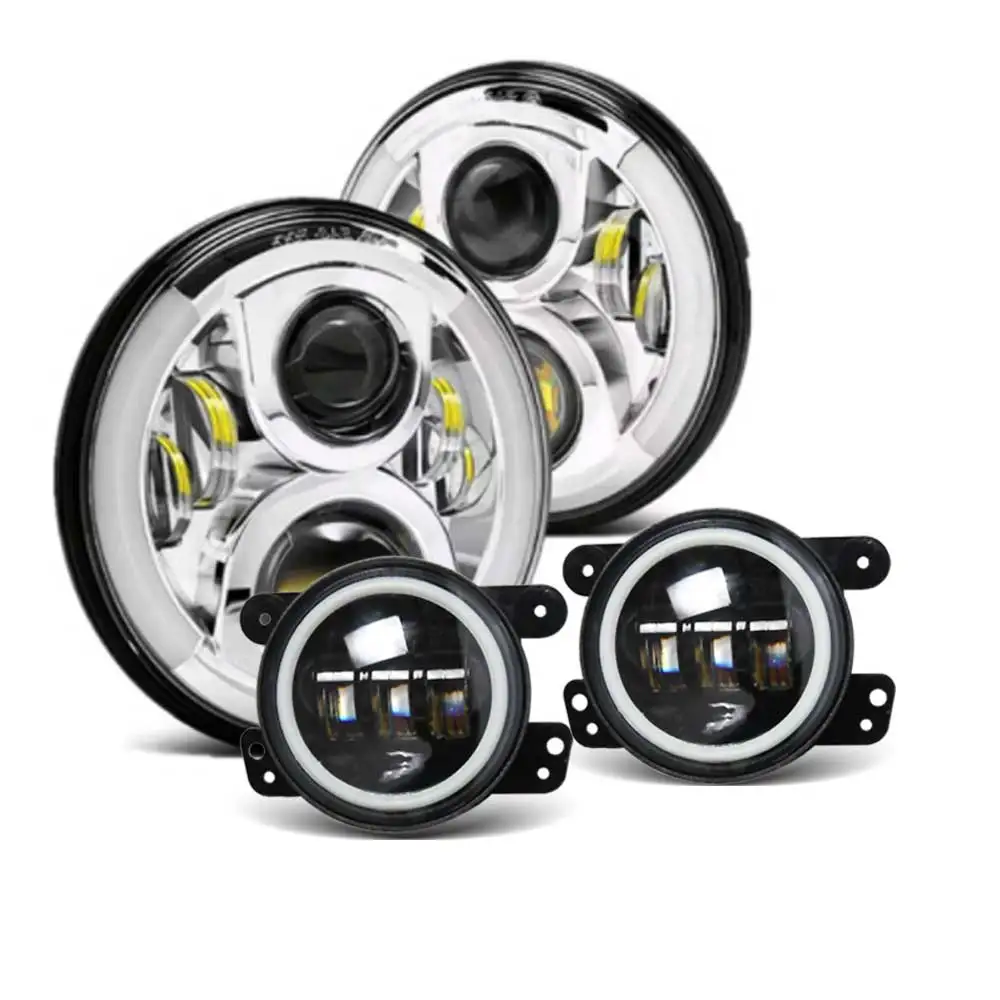 7" Black/Silver LED Headlights High Low Beams+ 4" LED Combo Fog Lights