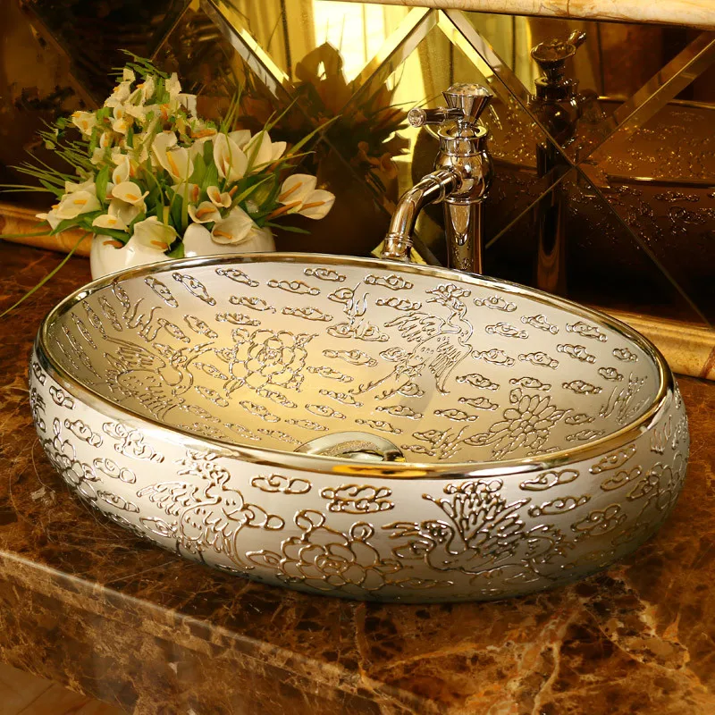 Oval Silver Europe Vintage Style Art Countertop Basin Sink Handmade