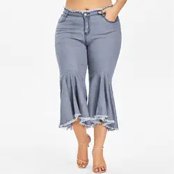 Для женщин лето эластичный плюс свободные джинсовые кнопка карман повседневные ботинки Cut брюки женские модные джинсы большой размер