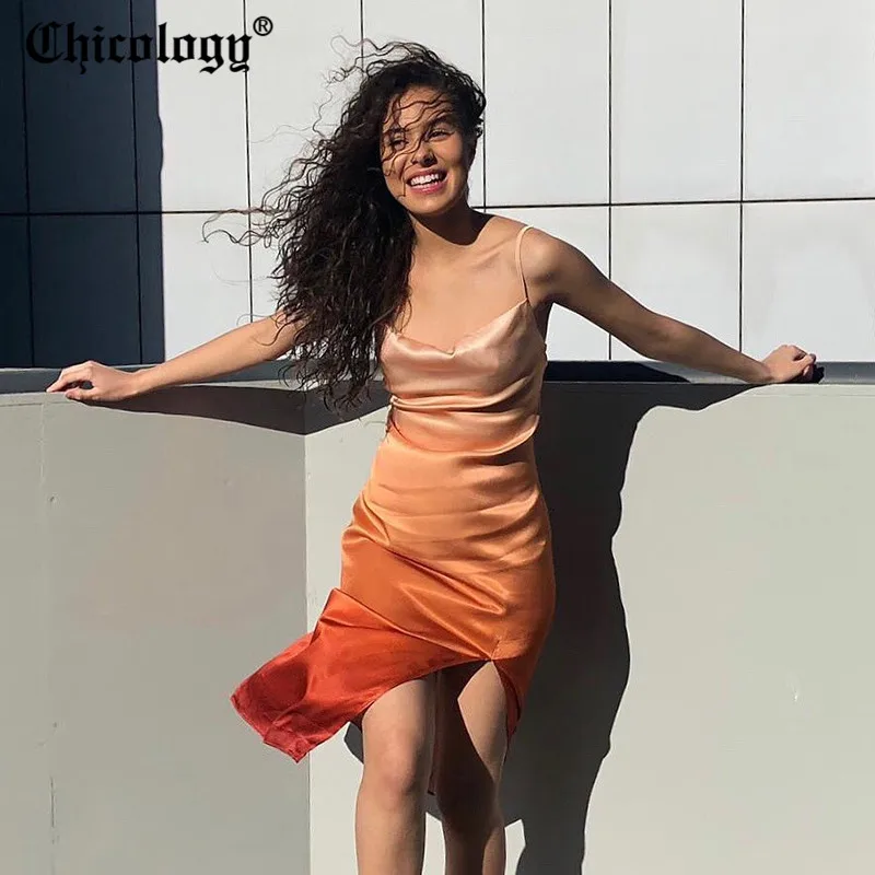 

Chicology gradient satin adjustable thin strap 2019 summer party slip midi dress slit hollow out sleeveless tie up clothing