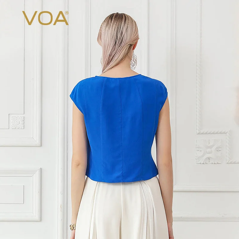 VOA Silk T Shirt Summer Ladies Tops Short Sleeve Casual Tee Slim Women Clothes Basic Large Size Brief Solid Streetwear B708 Tops