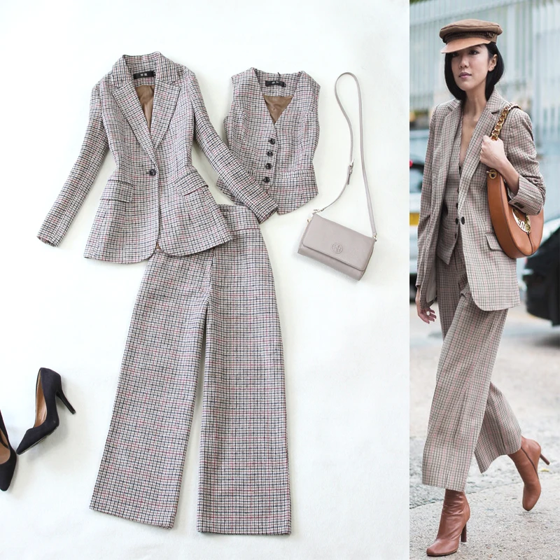 

Women's autumn and winter new plaid woolen suit jacket vest wide leg pants thick suit long jacket women coat