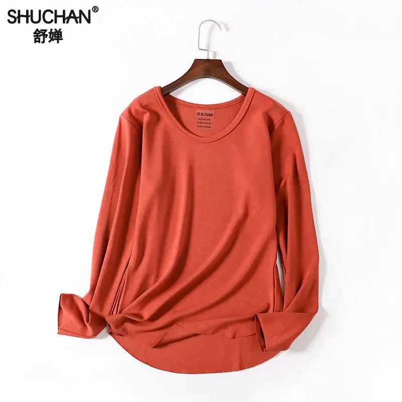 Shuchan Basic женские рубашки осень толстые хлопковые зимние топы для женщин o-образным вырезом повседневные однотонные футболки для женщин топы